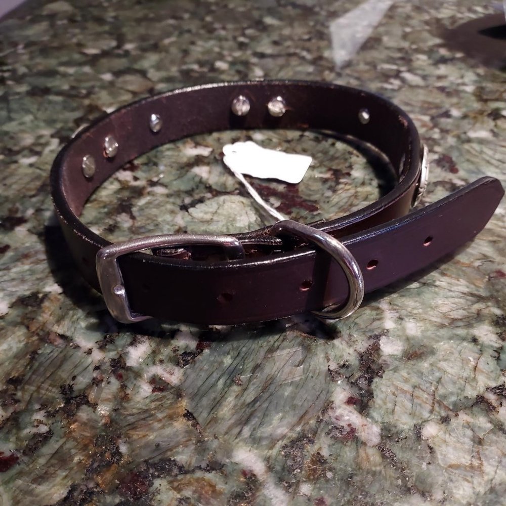 New and unworn Beautiful leather dog collar with blue crystal and silver conchos